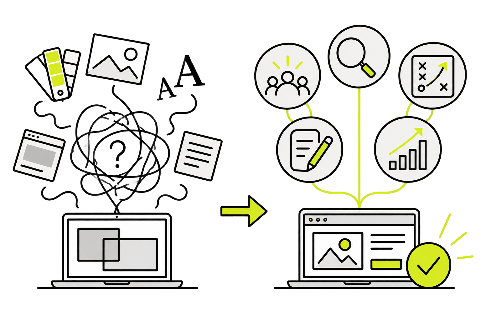 Illustration showing chaotic design transformed into organized website strategy