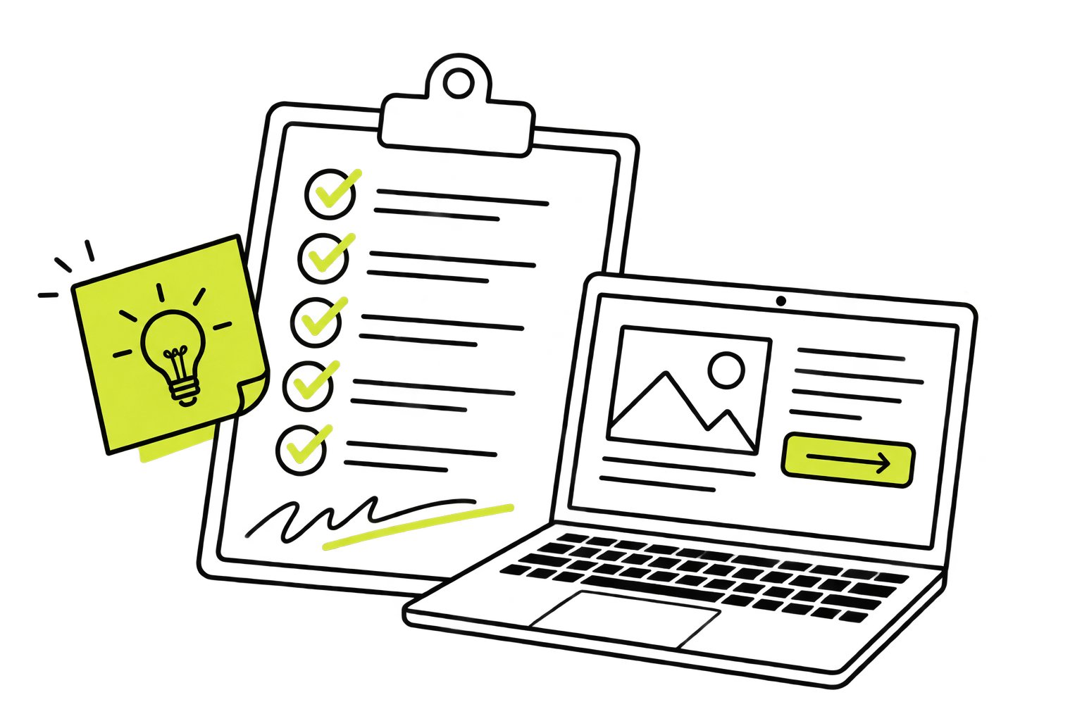Illustration of checklist clipboard, laptop, and lightbulb sticky note